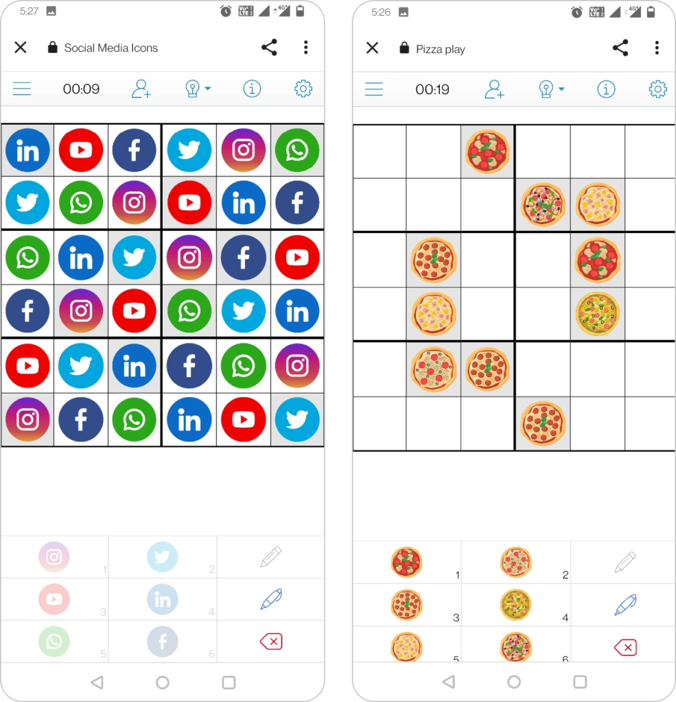 Picdoku is a twist to the classic Sudoku. The Picdoku replaces numbers with emojis or images while following other rules of a Sudoku puzzle. The image shows two mobile screenshots of distinct Pickdoku puzzles. One is with a filled grid of Social Media icons and the other is an incomplete grid with Pizza toppings.