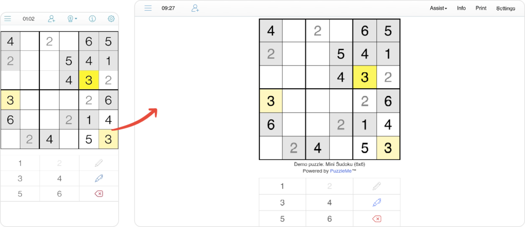 A Sudoku puzzle session being continued from a mobile to a desktop when being solved on PuzzleMe.