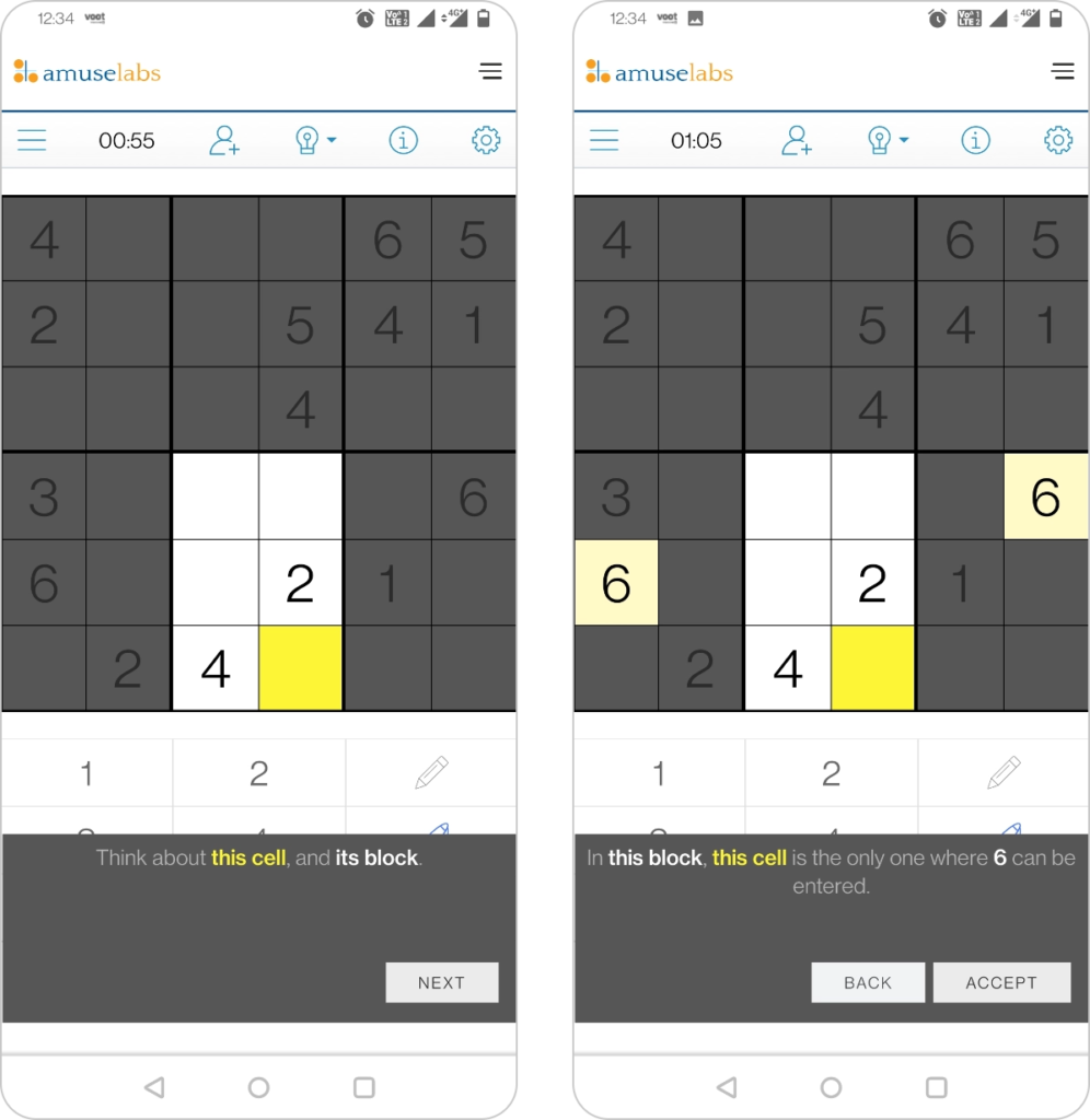The PuzzleMe Sudoku Smart Tutor enables new Sudoku solvers to begin and become better in solving. It provides hint and guides the player to understand the game dynamics better.
