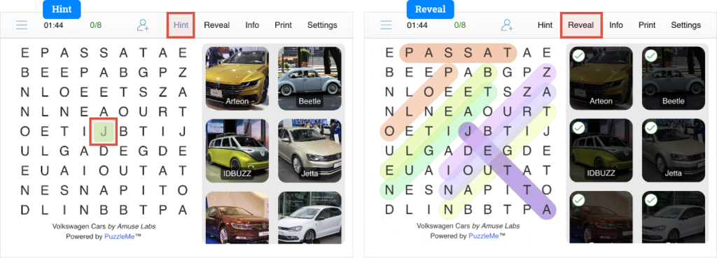 Screenshots showing the various assist features such as "Hint" and "Reveal" available to solvers when working on a Word Search game by PuzzleMe.