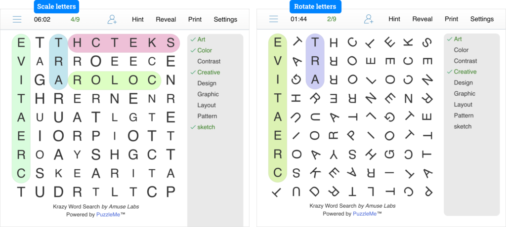 PuzzleMe's special Krazy Word Search game on display that enables scaling and rotating letters. The image shows both these individual grids in action.