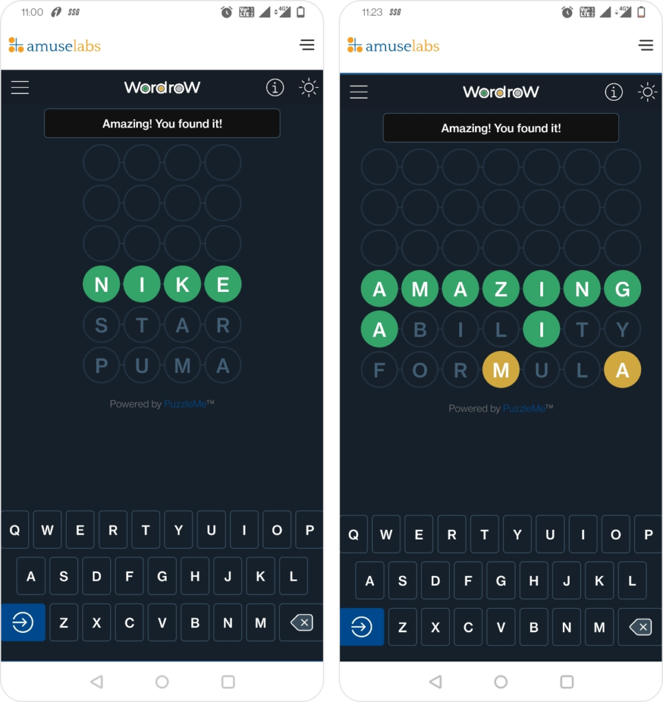Two mobile screenshots displaying the Dark Mode feature of the WordroW puzzle with PuzzleMe.