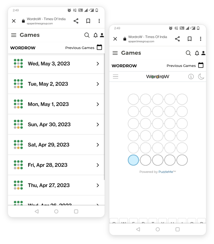 PuzzleMe WordroW on The Times of India. Screenshot showing easy integration and embedding of WordroW games possible with PuzzleMe.