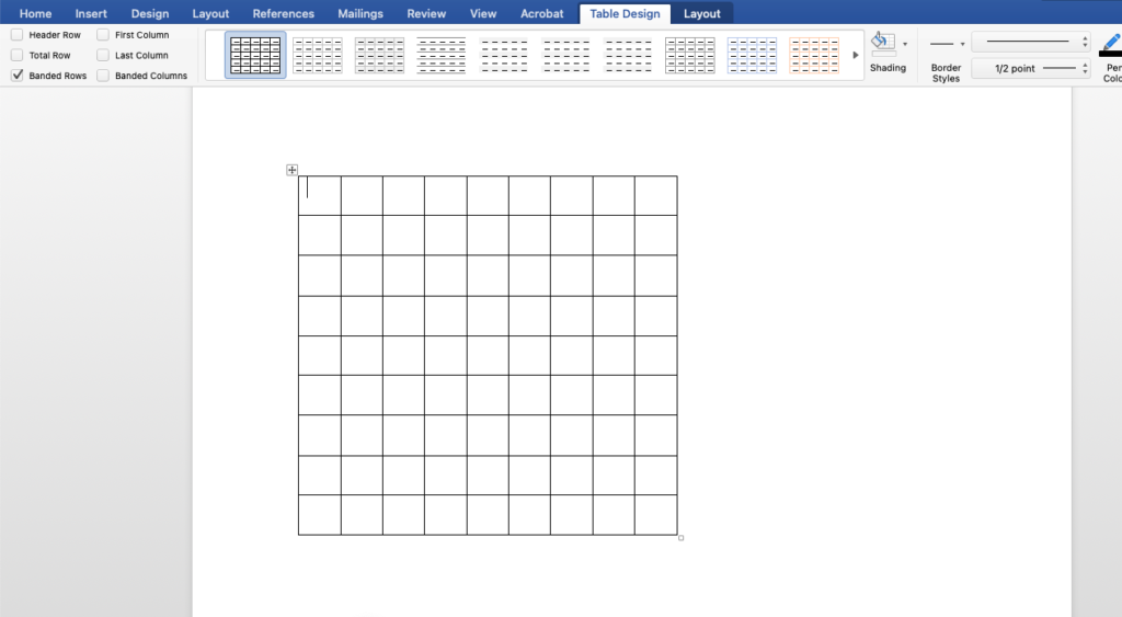 How to Make a Crossword Puzzle in Word: An empty 9x9 table