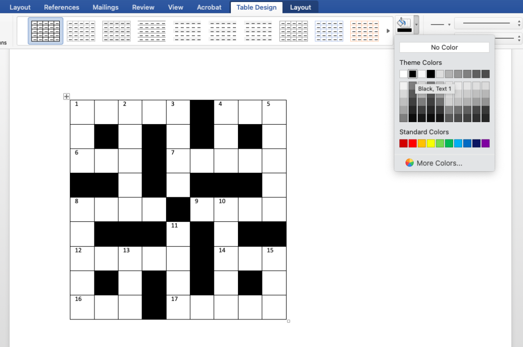 Adding colors to a crossword in word
