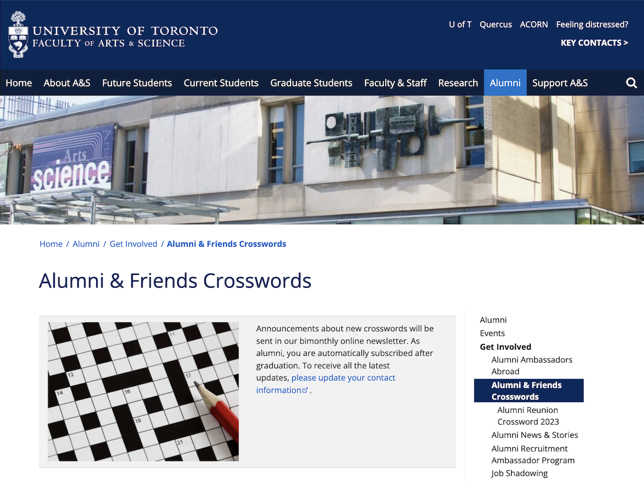 University of Toronto alumni newsletter featuring a university-themed crossword puzzle