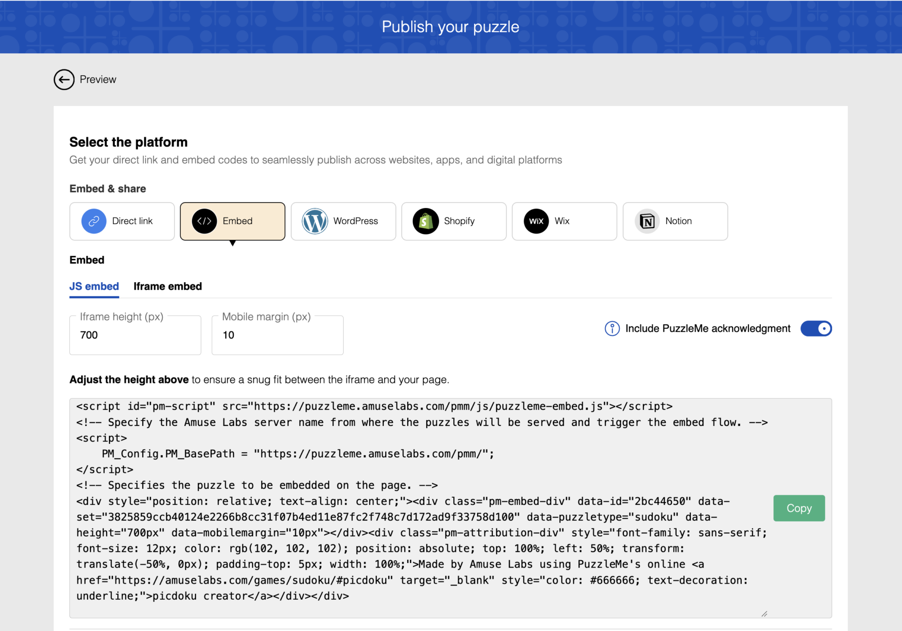 PuzzleMe publish page showing JS embed option