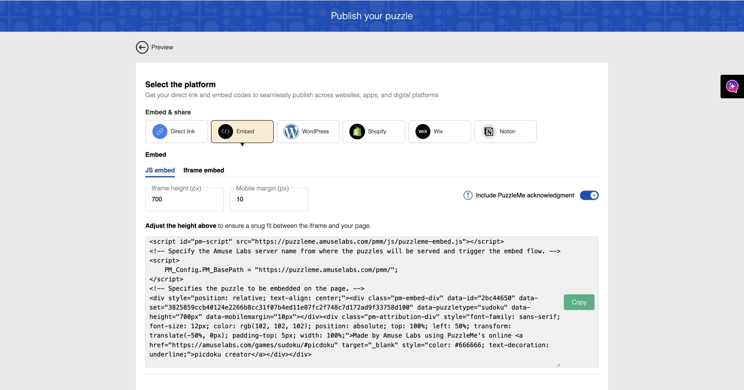 PuzzleMe publish page showing options to add games to squarespace