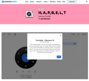 Morning Brew Turntable word puzzle (created on PuzzleMe) with H as the center letter and game instructions popup