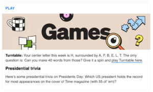 Morning Brew Games section promoting the Turntable word puzzle and weekly trivia