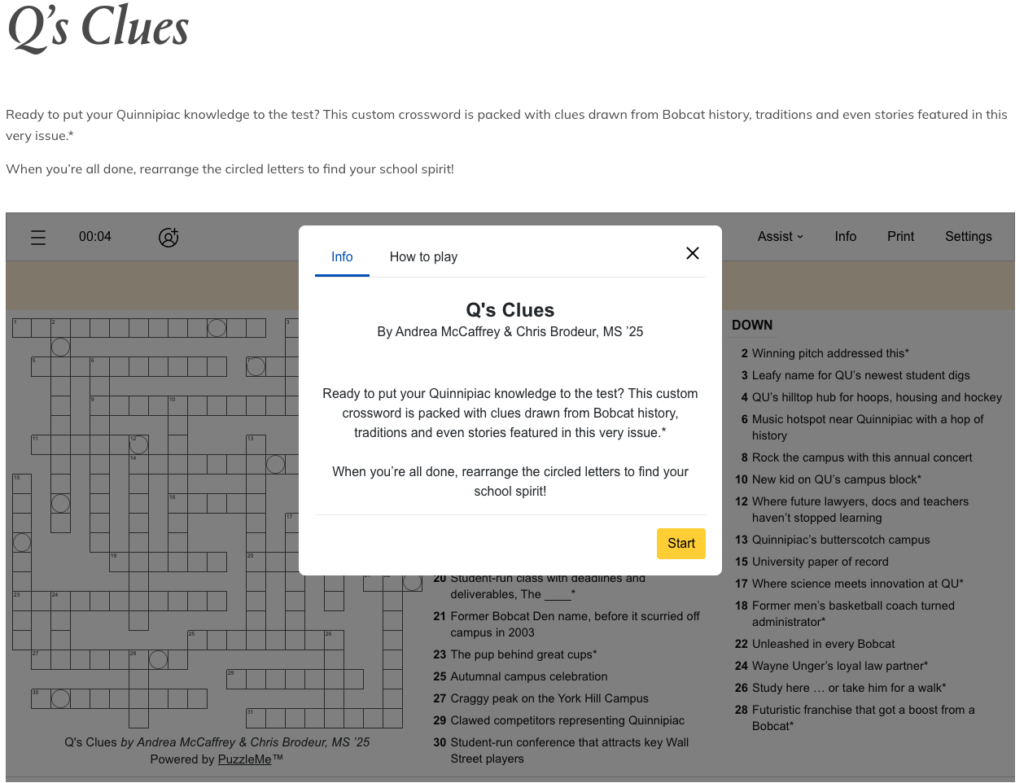 Quinnipiac University custom crossword puzzle experience
