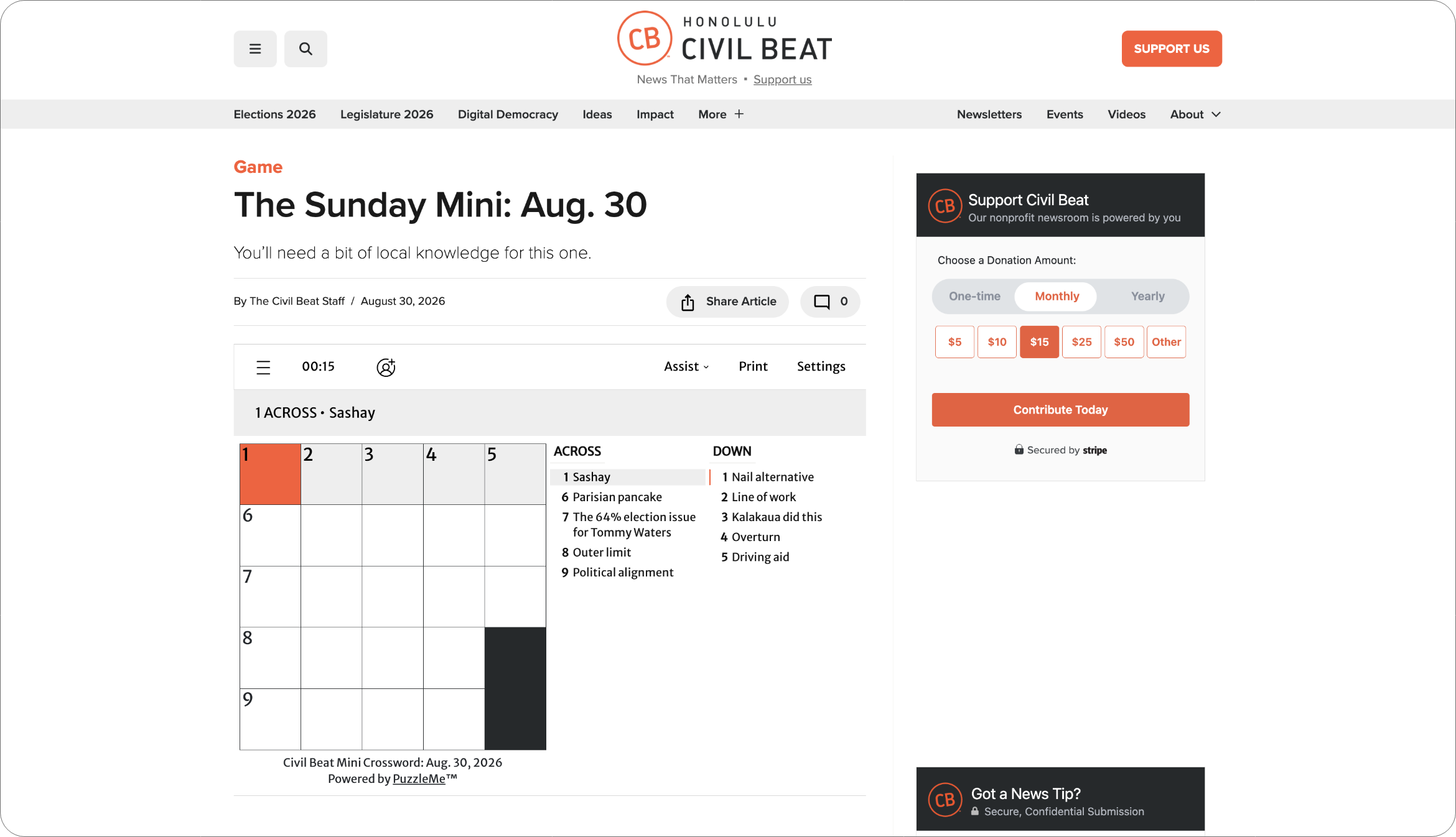 Screenshot of Honolulu Civil Beat’s Sunday Mini crossword featuring clues about local news and Honolulu.