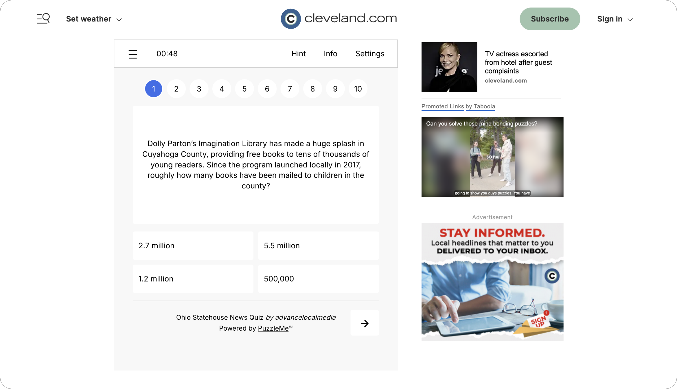 Screenshot of a Cleveland.com news quiz featuring a multiple-choice question.