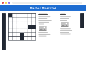 Illustration of a game creation editor showing a crossword puzzle being built.