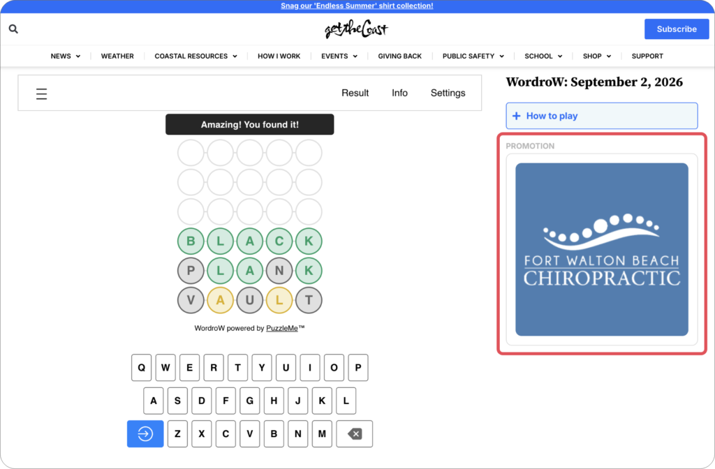 Screenshot of Get The Coast’s Wordrow game featuring a local business sponsorship displayed alongside the puzzle.