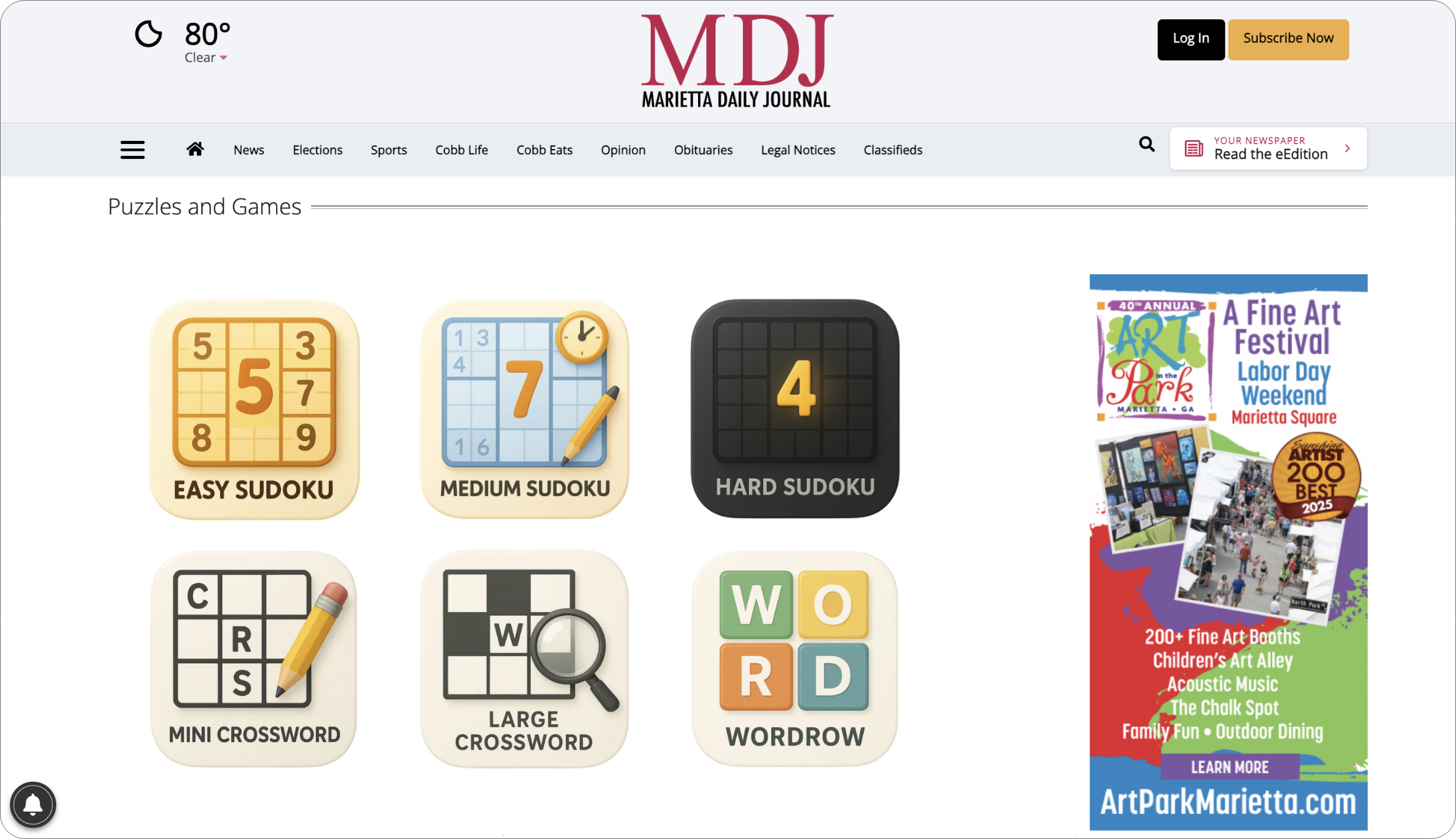 Screenshot of Marietta Daily Journal’s puzzles page showing Sudoku, Mini Crossword, Large Crossword, and WordroW games.