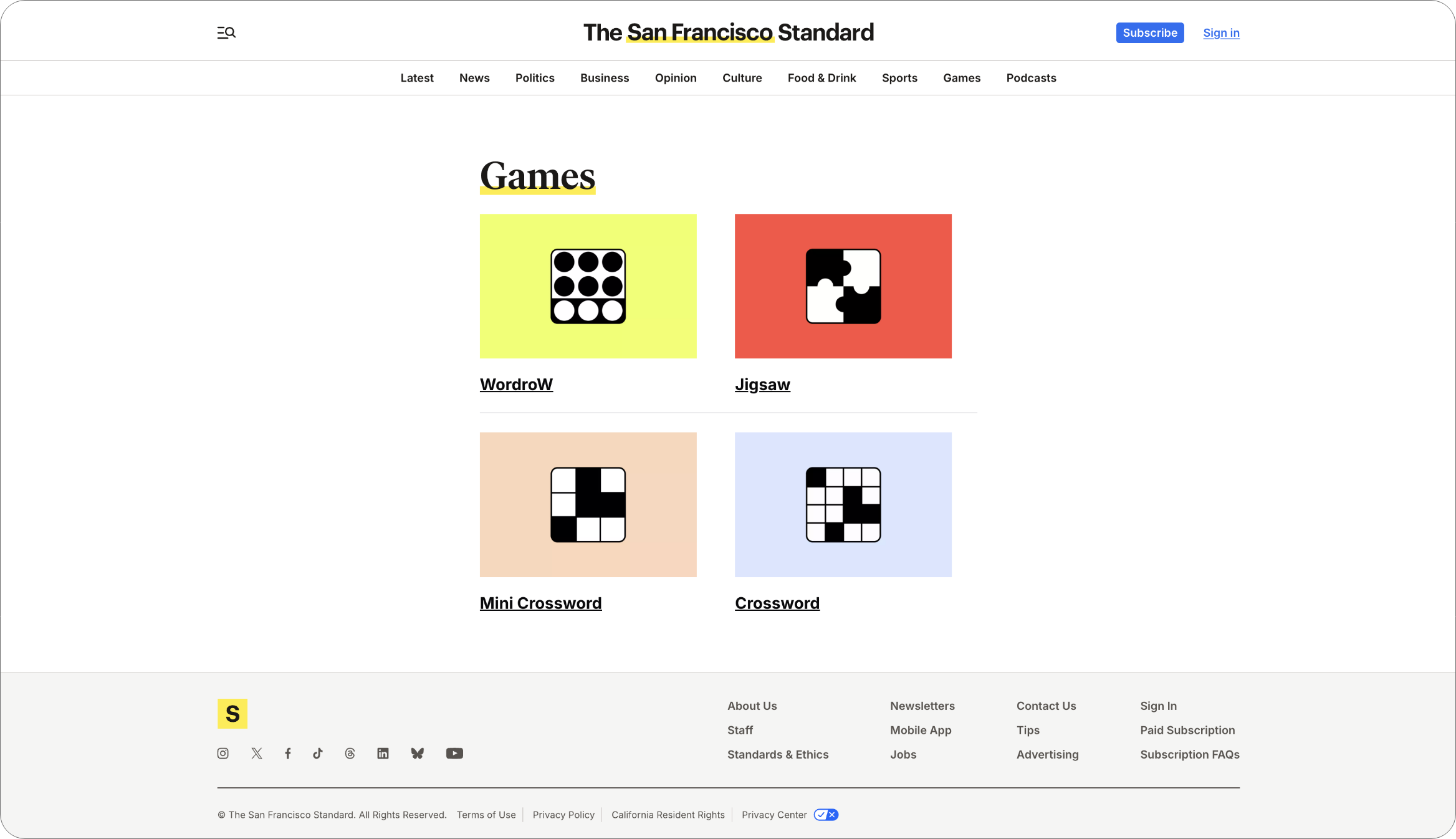 Screenshot of The San Francisco Standard’s games page featuring WordroW, Jigsaw, Mini Crossword, and Crossword.