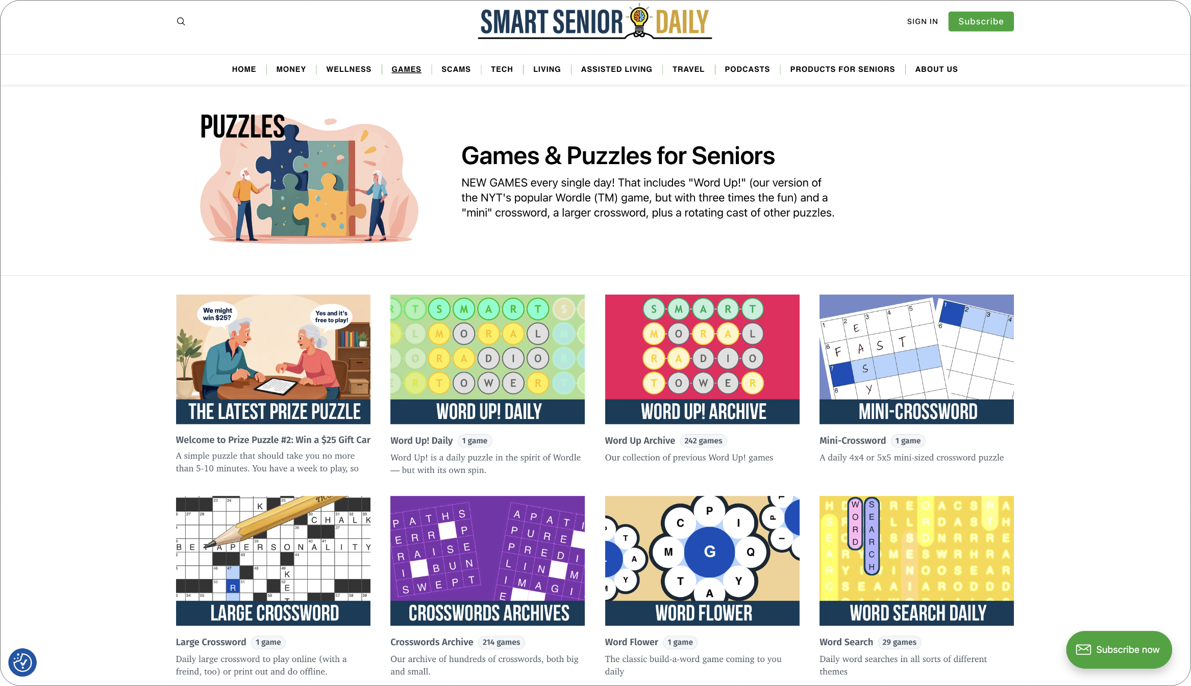 Screenshot of Smart Senior Daily’s games page showing Word Up, Mini Crossword, Large Crossword, Word Flower, and Word Search.
