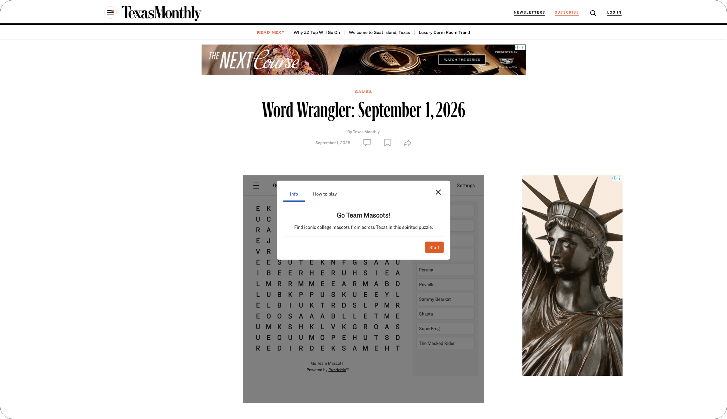 Screenshot of Texas Monthly’s Word Wrangler word search, featuring a puzzle about iconic Texas college mascots.