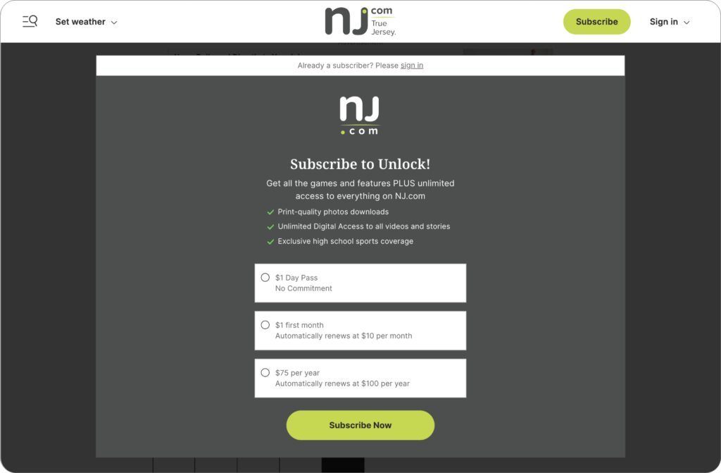 Screenshot of NJ.com showing a subscription prompt that unlocks its games and other premium content.