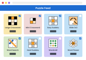 Illustration of Puzzle Feed showing a selection of daily games including Crosswords, Sudoku, Word Search, WordroW, Word Flower, and Slide.
